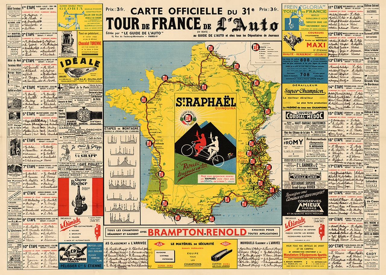 1936 Tour de France (TDF) Route Map Poster $100